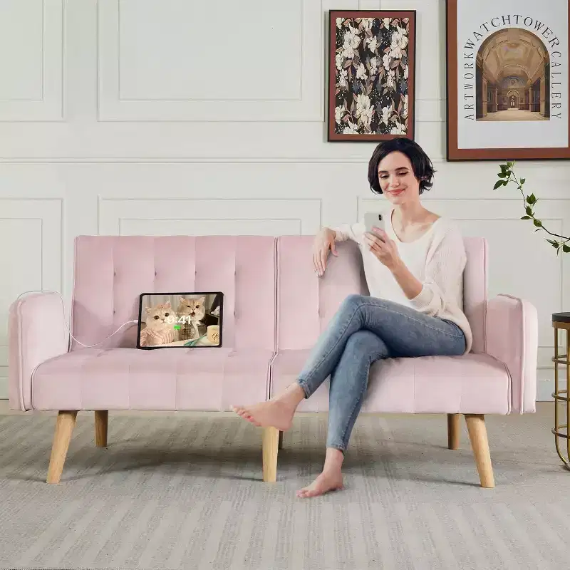 Canapé-lit futon convertible en similicuir, canapé rembourré moderne avec USB