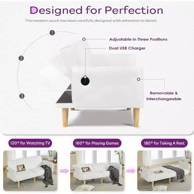 Canapé-lit futon convertible en similicuir, canapé rembourré moderne avec USB