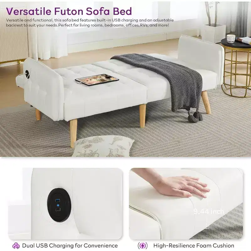 Canapé-lit futon convertible en similicuir, canapé rembourré moderne avec USB