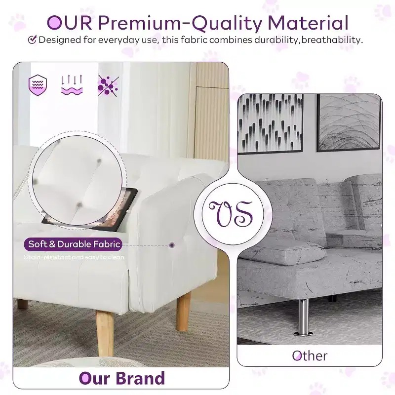 Canapé-lit futon convertible en similicuir, canapé rembourré moderne avec USB