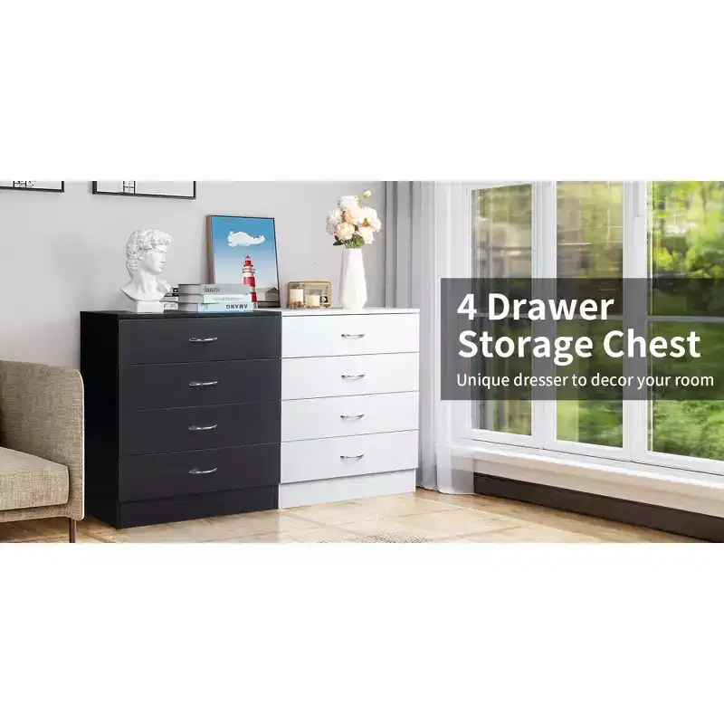 Commode à 4 tiroirs en panneaux de particules noirs, 66 cm (25,98 po) de large