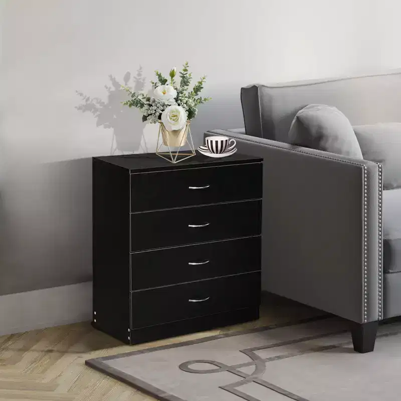 Commode à 4 tiroirs en panneaux de particules noirs, 66 cm (25,98 po) de large