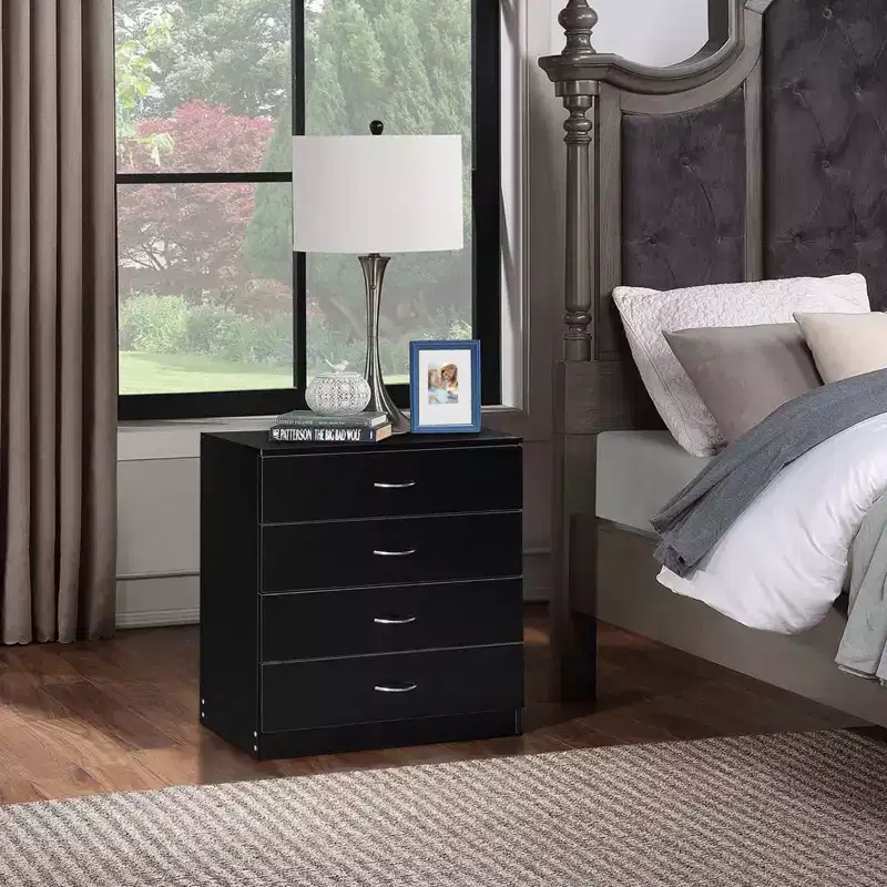 Commode à 4 tiroirs en panneaux de particules noirs, 66 cm (25,98 po) de large