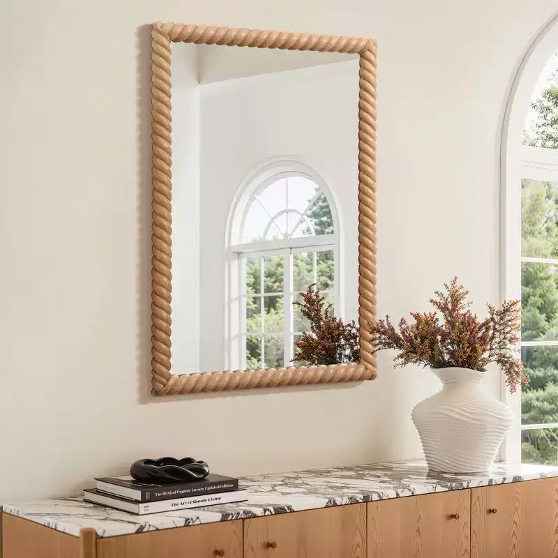 Miroir mural rectangulaire à cadre en bois de hêtre, marron, décoratif et de courtoisie