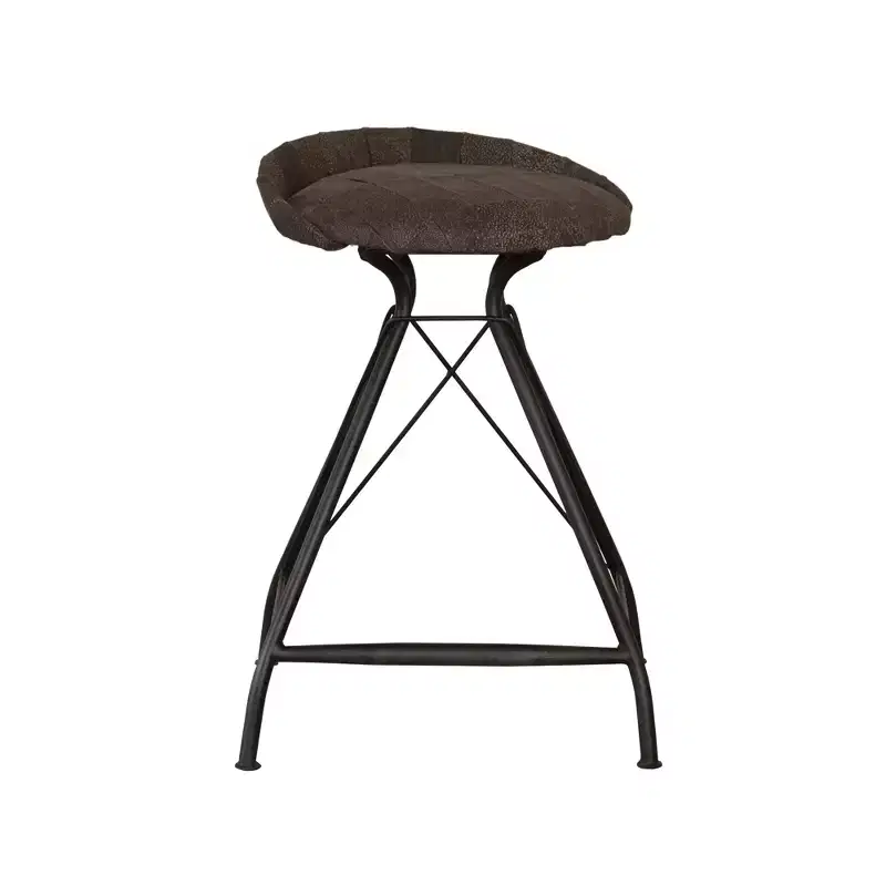 Chaise de bar pivotante en cuir marron et noir et fer à dossier bas hauteur comptoir
