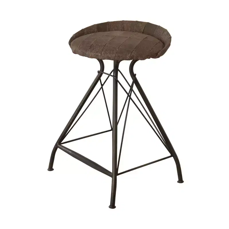 Chaise de bar pivotante en cuir marron et noir et fer à dossier bas hauteur comptoir