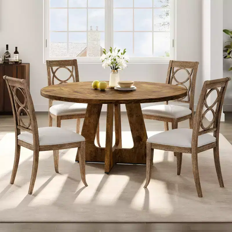 Table à manger ronde de 120 cm pour 4 à 6 personnes, table de cuisine circulaire de style ferme