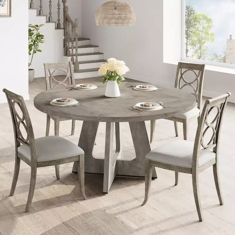 Table à manger ronde de 120 cm pour 4 à 6 personnes, table de cuisine circulaire de style ferme