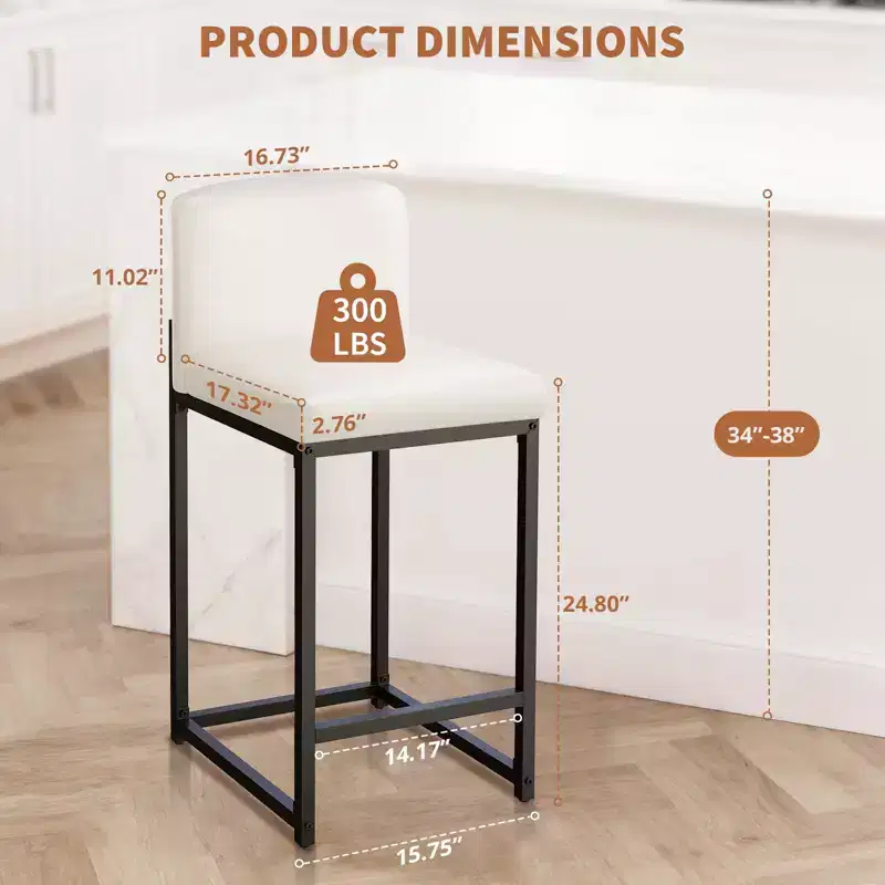 Tabourets de bar modernes en similicuir, hauteur comptoir avec dossier ergonomique et repose-pieds stable