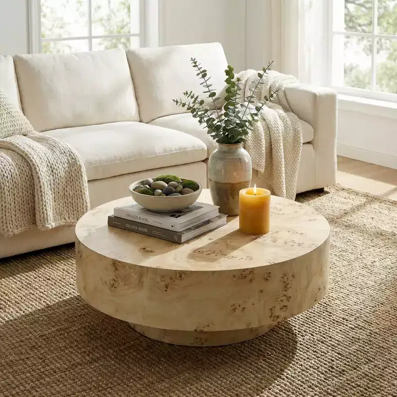 Table basse ronde en bois de style Mid-century avec placage en loupe de bois
