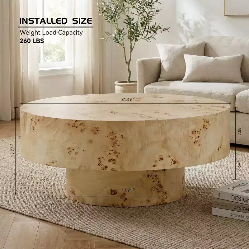 Table basse ronde en bois de style Mid-century avec placage en loupe de bois