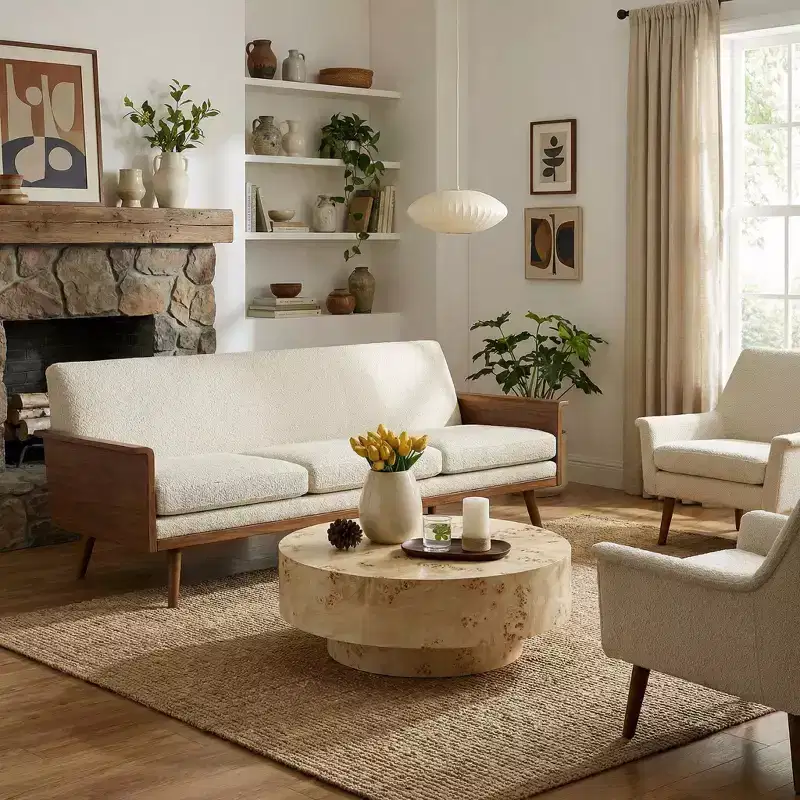 Table basse ronde en bois de style Mid-century avec placage en loupe de bois