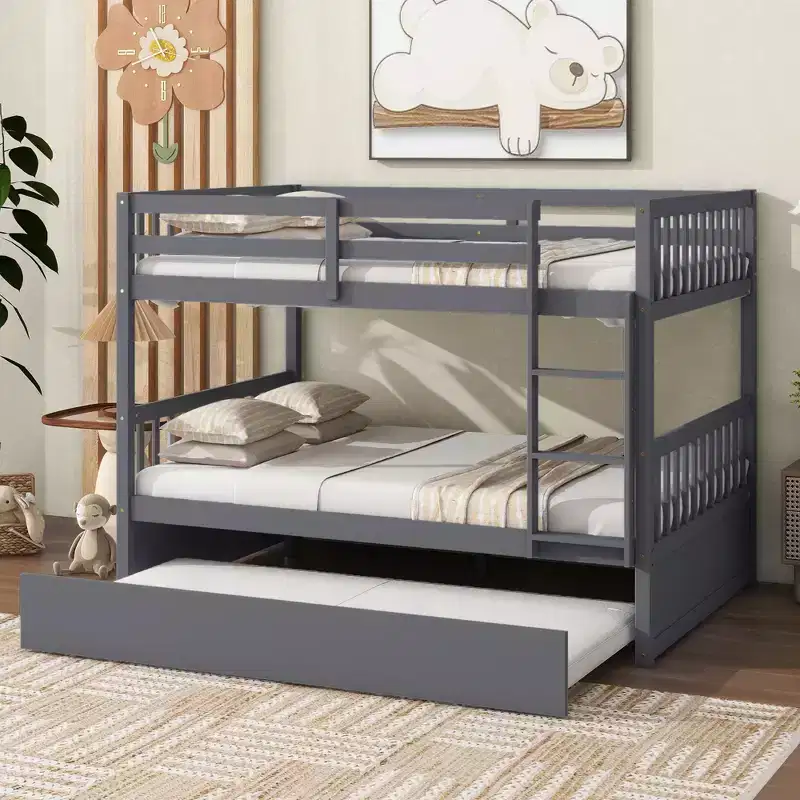 Lit superposé double en bois d'hévéa avec lit gigogne simple, échelle et garde-corps