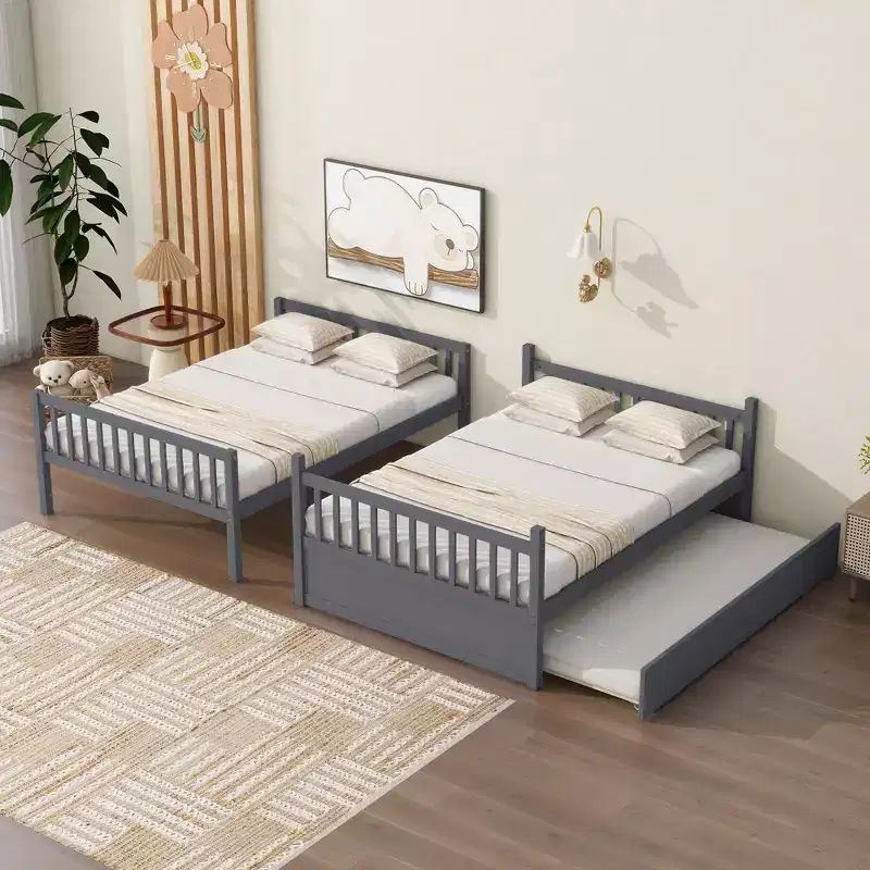 Lit superposé double en bois d'hévéa avec lit gigogne simple, échelle et garde-corps
