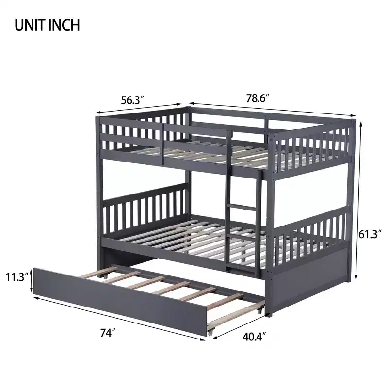 Lit superposé double en bois d'hévéa avec lit gigogne simple, échelle et garde-corps