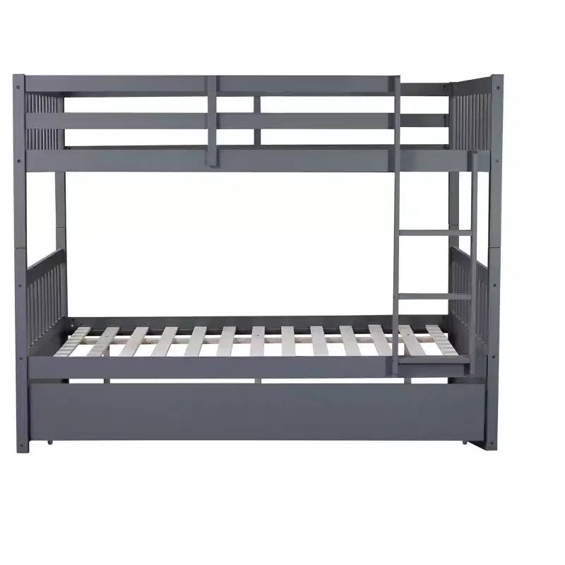 Lit superposé double en bois d'hévéa avec lit gigogne simple, échelle et garde-corps