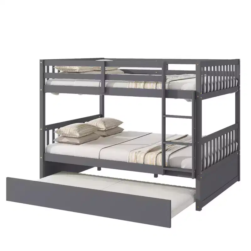 Lit superposé double en bois d'hévéa avec lit gigogne simple, échelle et garde-corps