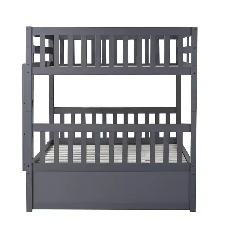 Lit superposé double en bois d'hévéa avec lit gigogne simple, échelle et garde-corps