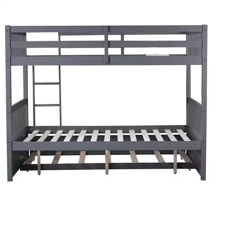 Lit superposé double en bois d'hévéa avec lit gigogne simple, échelle et garde-corps