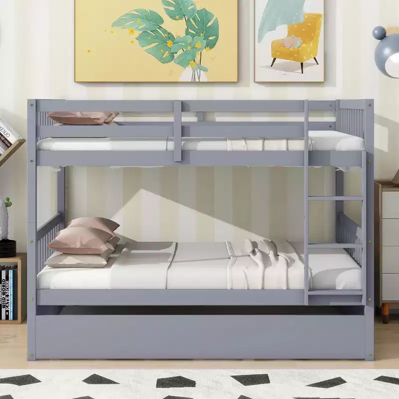 Lit superposé double en bois d'hévéa avec lit gigogne simple, échelle et garde-corps