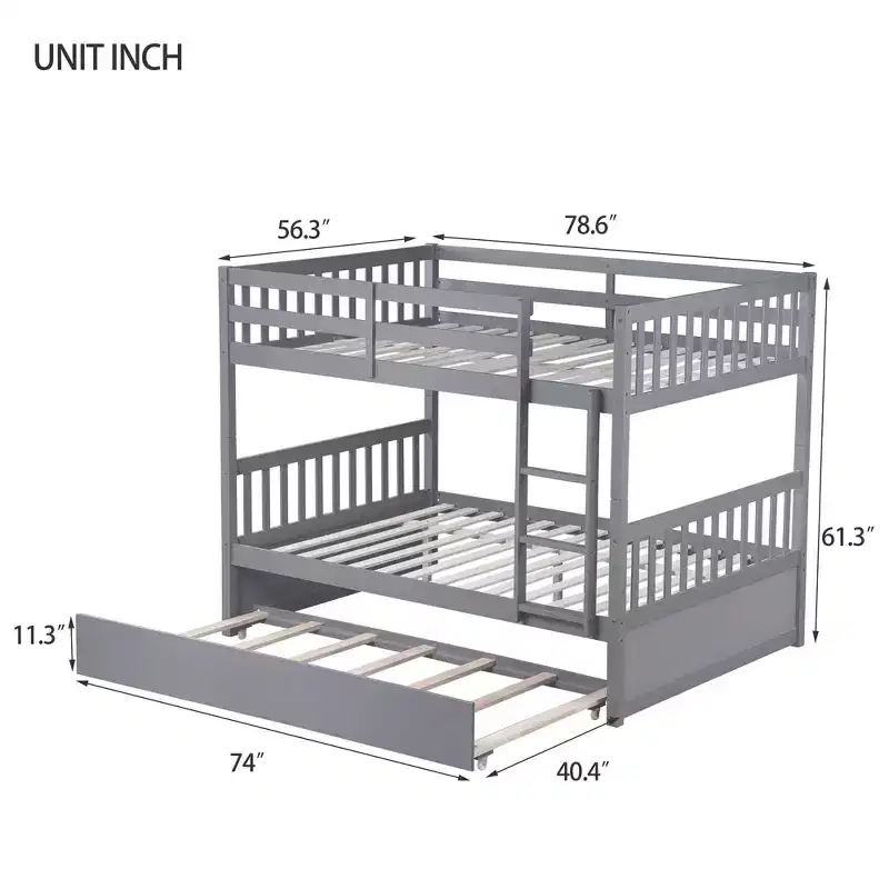 Lit superposé double en bois d'hévéa avec lit gigogne simple, échelle et garde-corps