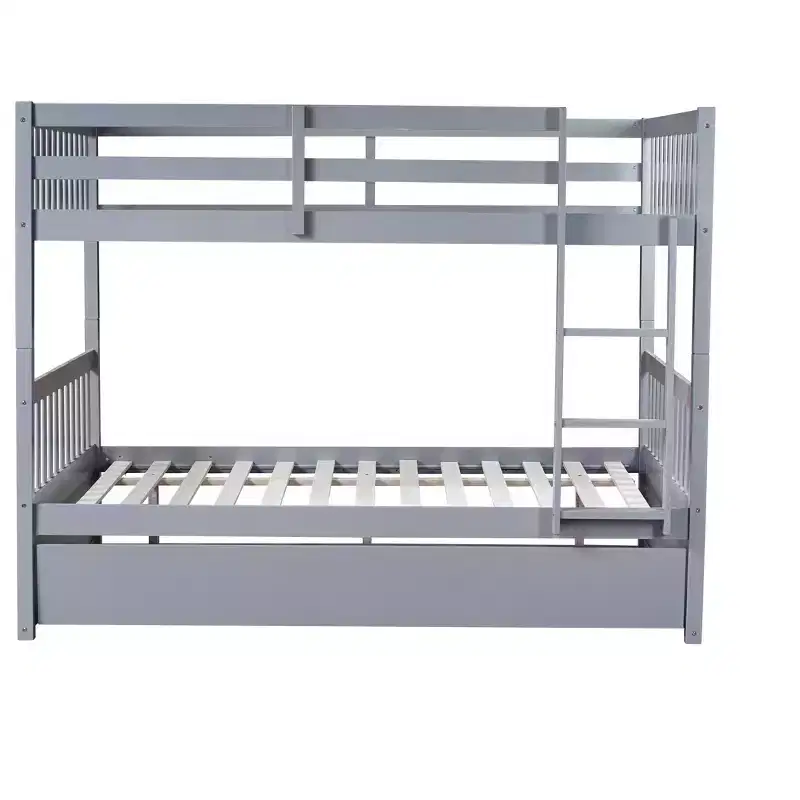 Lit superposé double en bois d'hévéa avec lit gigogne simple, échelle et garde-corps