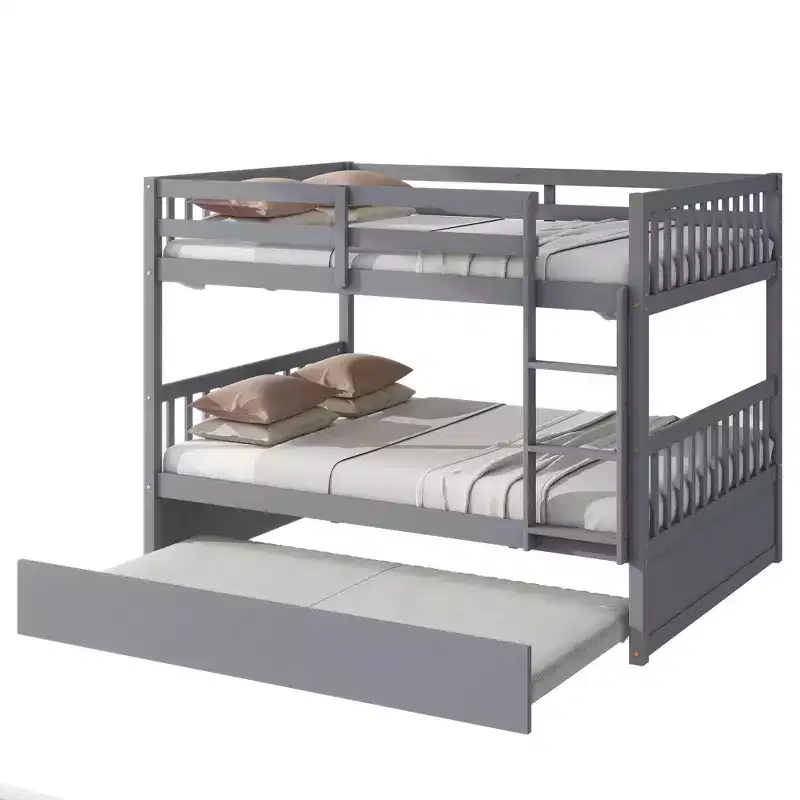 Lit superposé double en bois d'hévéa avec lit gigogne simple, échelle et garde-corps