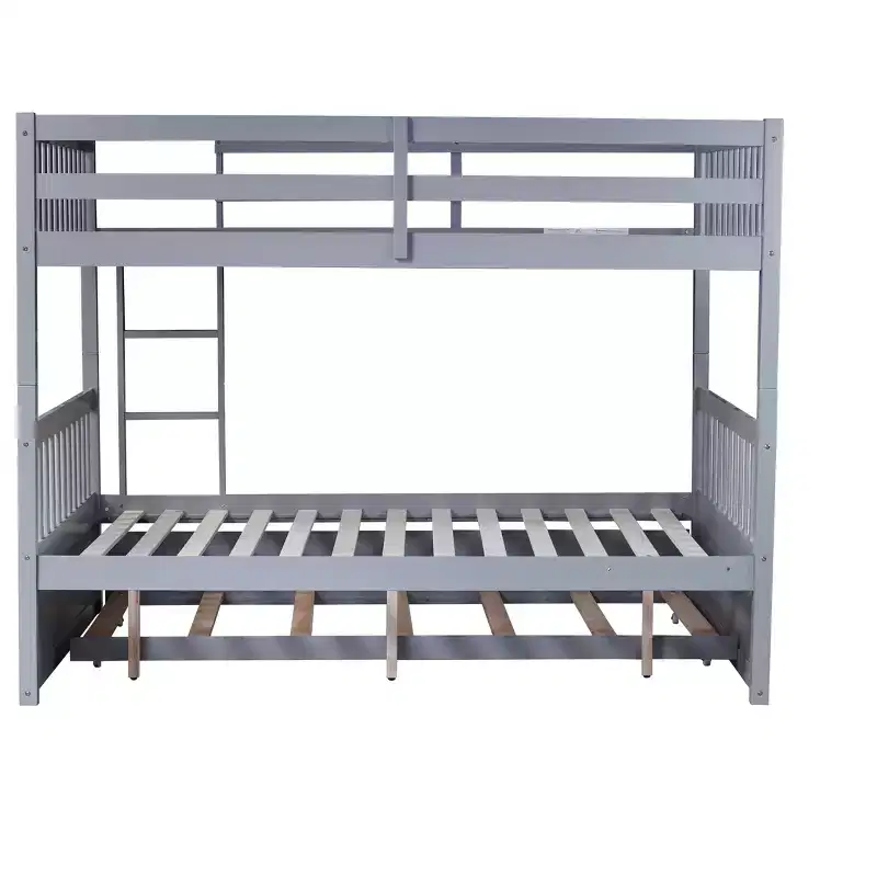 Lit superposé double en bois d'hévéa avec lit gigogne simple, échelle et garde-corps