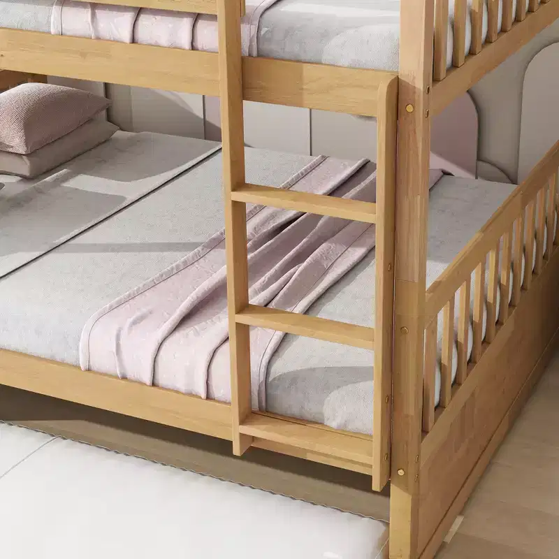 Lit superposé double en bois d'hévéa avec lit gigogne simple, échelle et garde-corps