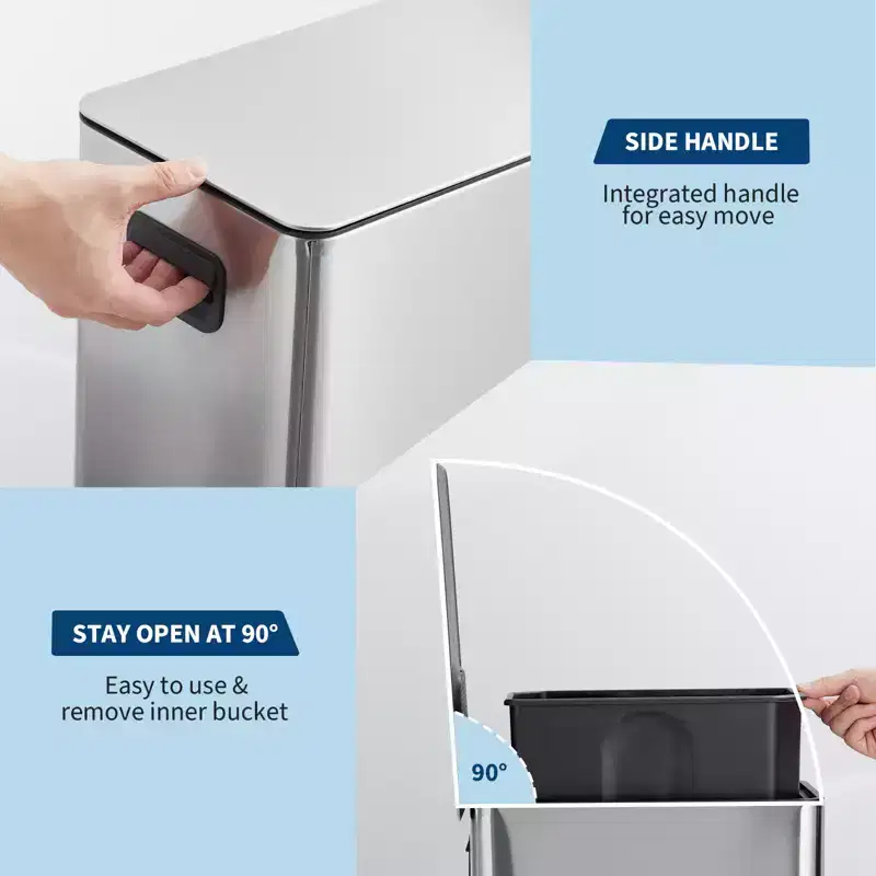 Poubelle à pédale Slim Soft-Close 15 L (4 gallons) en acier inoxydable pour l'intérieur