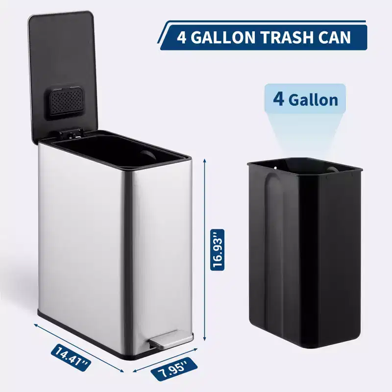 Poubelle à pédale Slim Soft-Close 15 L (4 gallons) en acier inoxydable pour l'intérieur