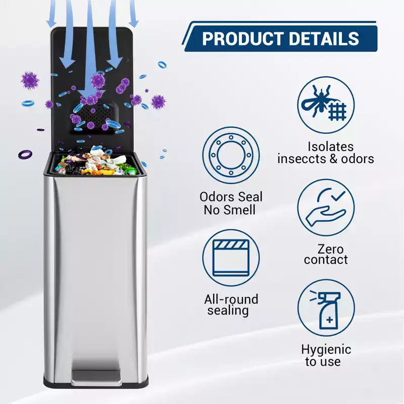 Poubelle à pédale Slim Soft-Close 15 L (4 gallons) en acier inoxydable pour l'intérieur