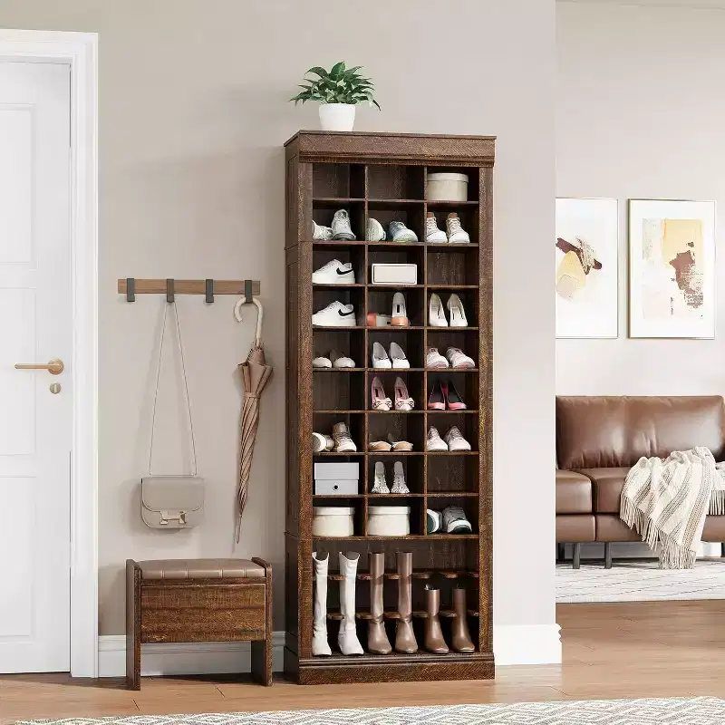 Porte-manteau avec banc, 15 casiers à chaussures et 5 patères, Meuble de rangement à chaussures pour entrée