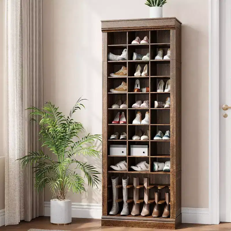 Porte-manteau avec banc, 15 casiers à chaussures et 5 patères, Meuble de rangement à chaussures pour entrée