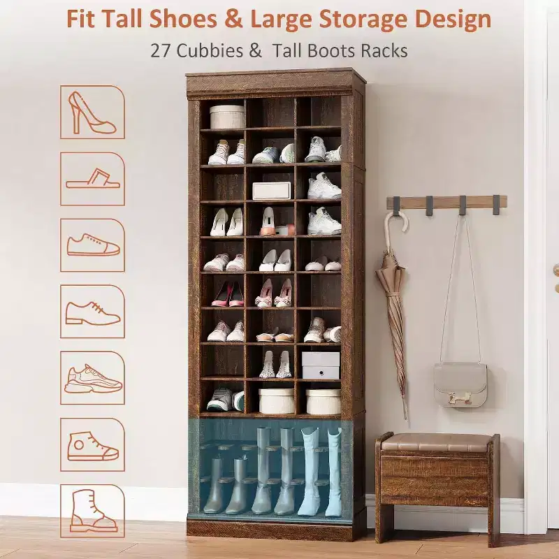 Porte-manteau avec banc, 15 casiers à chaussures et 5 patères, Meuble de rangement à chaussures pour entrée