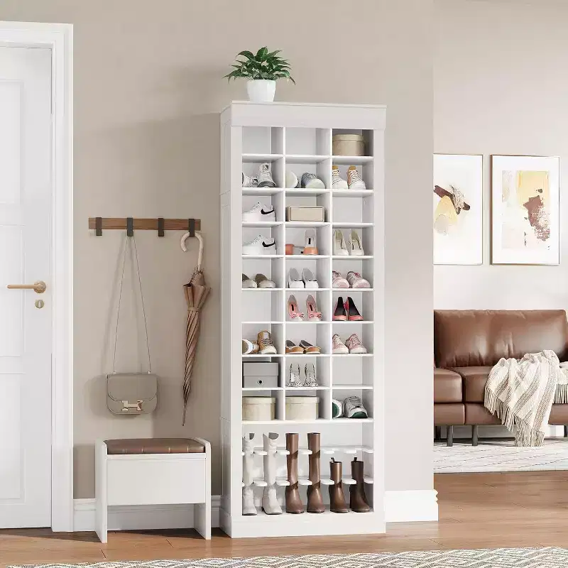 Porte-manteau avec banc, 15 casiers à chaussures et 5 patères, Meuble de rangement à chaussures pour entrée