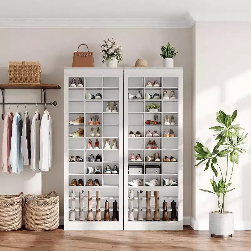 Porte-manteau avec banc, 15 casiers à chaussures et 5 patères, Meuble de rangement à chaussures pour entrée
