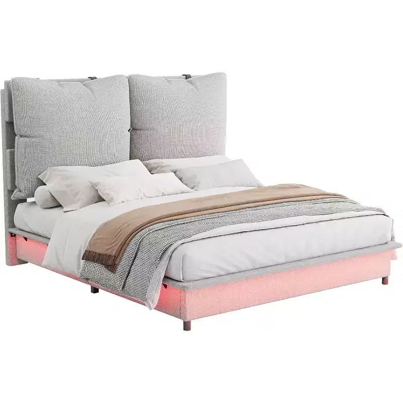 Cadre de lit LED avec tête de lit et coussins rembourrés amovibles