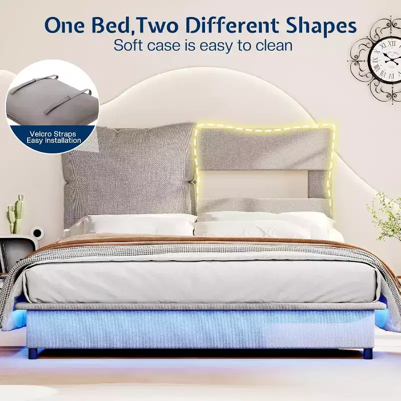 Cadre de lit LED avec tête de lit et coussins rembourrés amovibles