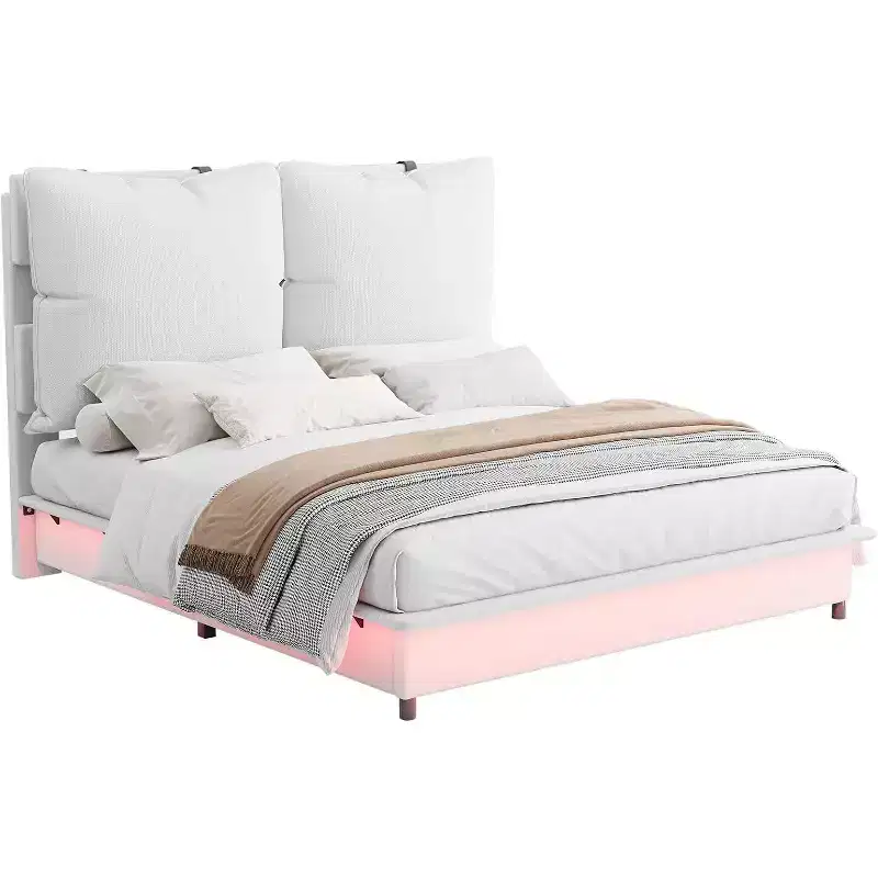 Cadre de lit LED avec tête de lit et coussins rembourrés amovibles