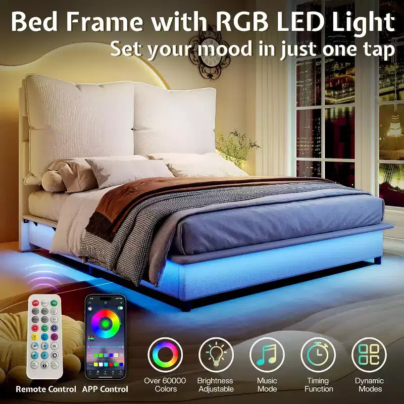 Cadre de lit LED avec tête de lit et coussins rembourrés amovibles