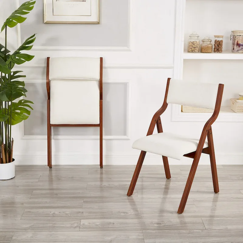 Upholstered Folding Dining Chair, Space Saving, Easy To Carry, Dining Room, 2-Pack-Cream White+Cherry