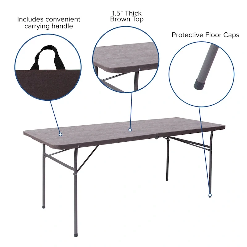 30W x 72L Bi-Fold Plastic Banquet and Event Folding Table with Carrying Handle - 72D x 30W x 29H