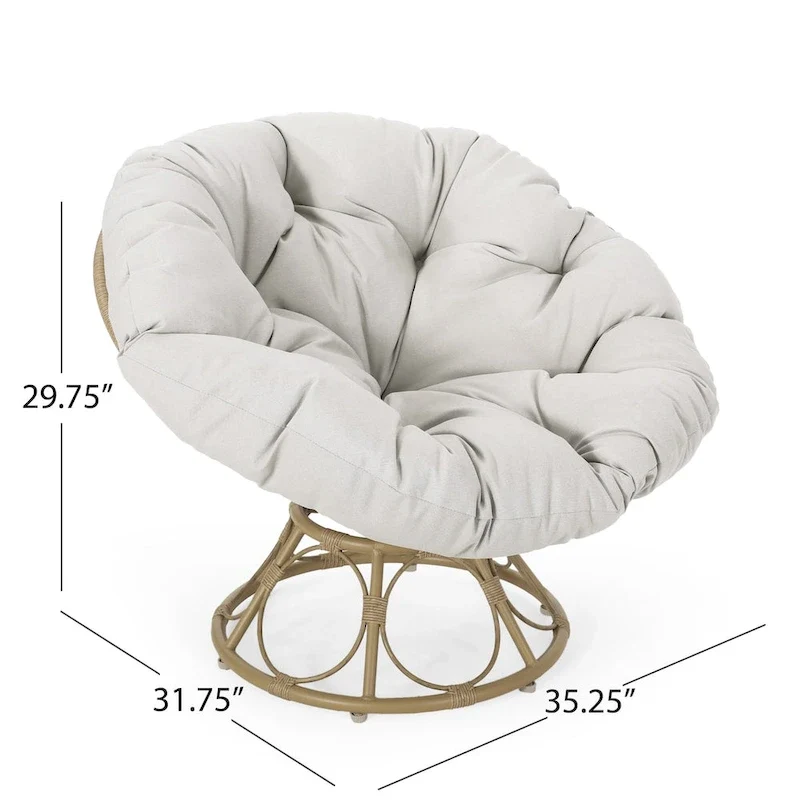 Brown Wicker Swivel Papasan Chair with Tufted Fabric Cushion