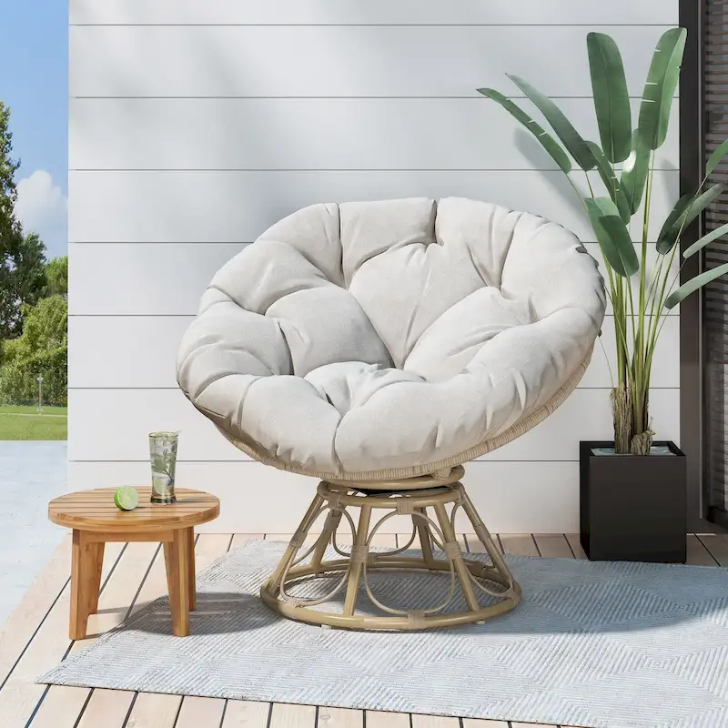 Brown Wicker Swivel Papasan Chair with Tufted Fabric Cushion