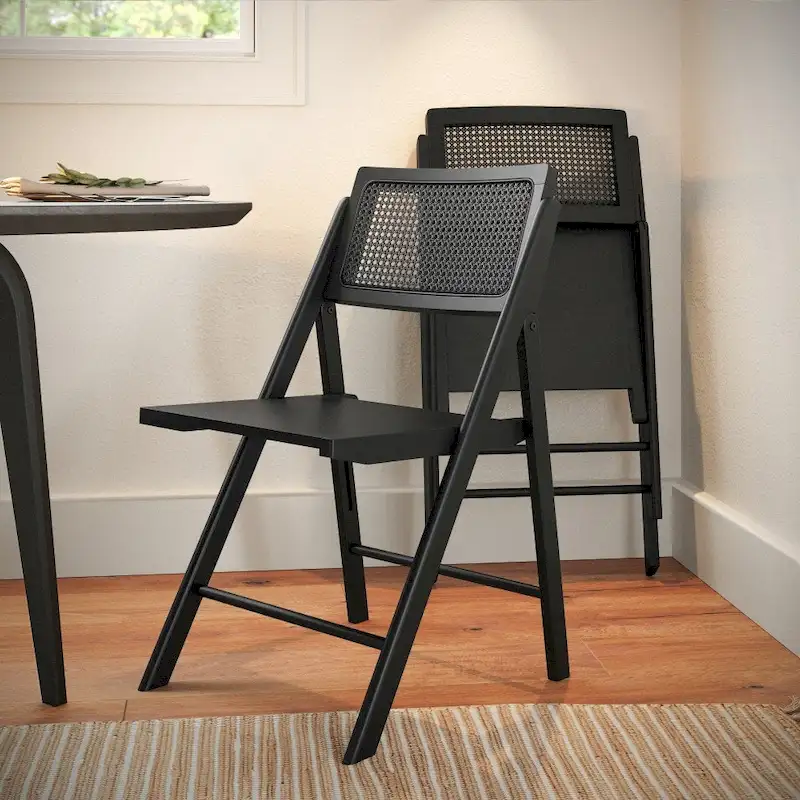 2 Pack Commercial Cane Rattan Folding Chairs - Wood Backs and Seats