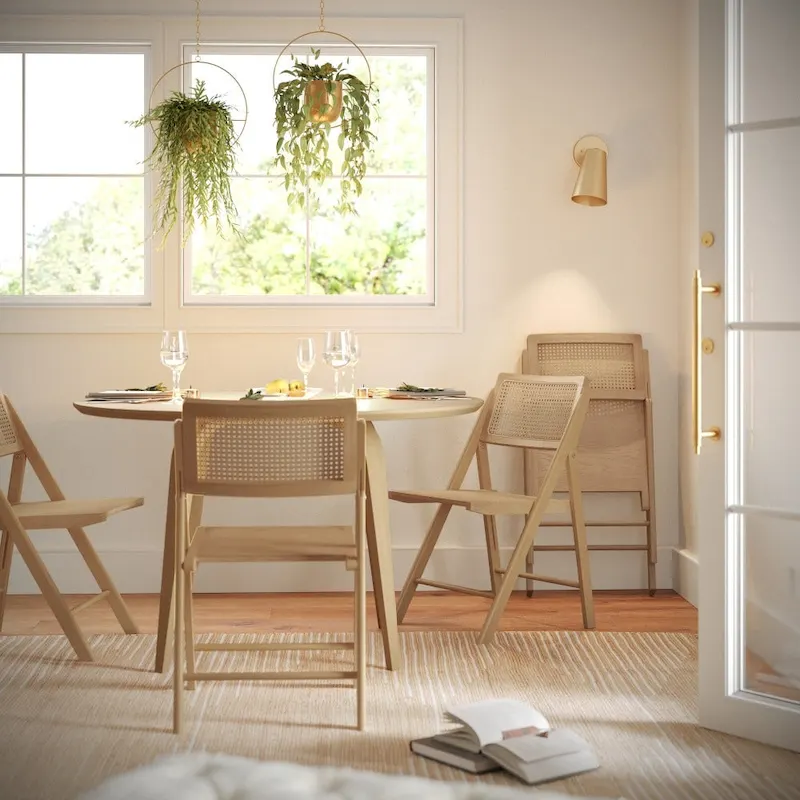 2 Pack Commercial Cane Rattan Folding Chairs - Wood Backs and Seats