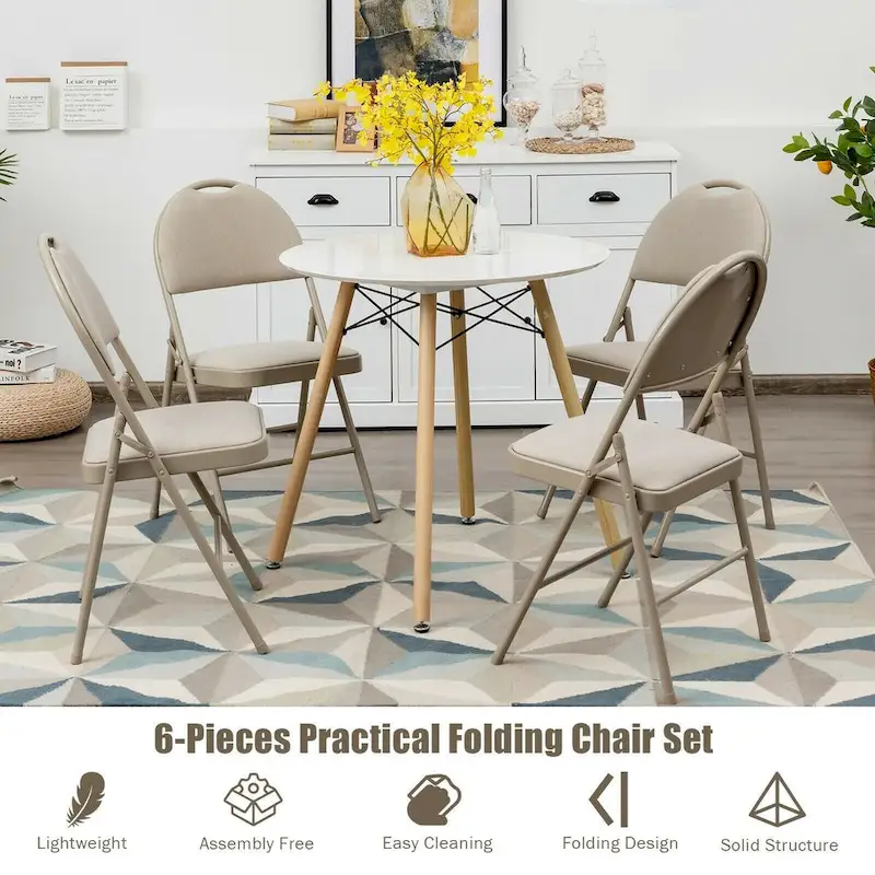 6 Pack Folding Chairs Portable Padded Office Kitchen Dining Chairs-Beige - 18.5 x 20 x 35 (L x W x H)