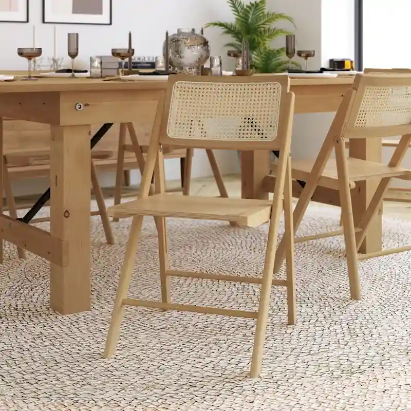 Folding Armless Cane Rattan Chairs with Breathable Woven Backrests - 2 Pack