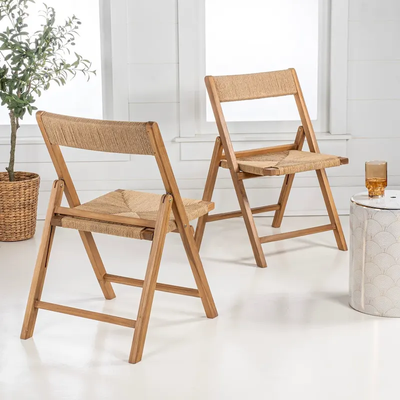 Mallorca Coastal Modern Wood Woven Seagrass Folding Chair, Natural (Set of 2) by JONATHAN Y